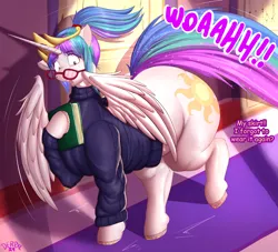 Size: 1050x954 | Tagged: safe, alternate version, artist:derpx1, derpibooru import, princess celestia, alicorn, pony, g4, book, braces, clothes, dialogue, female, freckles, glasses, image, mare, nerd, open mouth, png, ponytail, solo, sweater, thighs, thunder thighs, wide hips, yelling