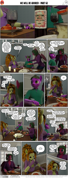 Size: 2000x5220 | Tagged: safe, artist:gusya, artist:stellarator, derpibooru import, adagio dazzle, starlight glimmer, oc, oc:peach cobbler, oc:ruby cabernet, anthro, unguligrade anthro, comic:we will be adored, g4, 3d, alcohol, blender, blender cycles, bottle, collar, comic, food, gem, glass, image, not sfm, pasta, png, siren gem, wine, wine bottle, wine glass