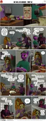 Size: 2000x5220 | Tagged: safe, artist:gusya, artist:stellarator, derpibooru import, adagio dazzle, starlight glimmer, oc, oc:peach cobbler, oc:ruby cabernet, anthro, unguligrade anthro, comic:we will be adored, g4, 3d, alcohol, blender, blender cycles, bottle, collar, comic, food, gem, glass, image, not sfm, pasta, png, siren gem, wine, wine bottle, wine glass