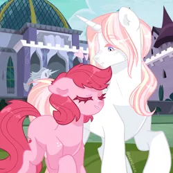 Size: 2048x2048 | Tagged: safe, artist:gepicgenn, derpibooru import, oc, oc:cherry jujube, oc:prince éclaire, unofficial characters only, earth pony, pony, unicorn, duo, duo male and female, female, freckles, height difference, horn, image, male, mare, next generation, oc x oc, offspring, offspring shipping, parent:big macintosh, parent:fleur-de-lis, parent:fluttershy, parent:prince blueblood, parents:fleur-de-blueblood, parents:fluttermac, png, screencap background, shipping, stallion, straight