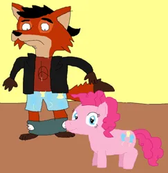 Size: 881x907 | Tagged: safe, artist:darwinfan2000, derpibooru import, pinkie pie, oc, oc:kit knightwood, anthro, fox, g4, clothes, female, furry, image, jpeg, male, pants, pants down