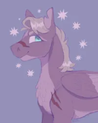 Size: 912x1141 | Tagged: safe, artist:beyhr, derpibooru import, oc, oc:silver medallion, unofficial characters only, pegasus, pony, blue eyes, chest fluff, coat markings, facial markings, folded wings, gray mane, image, png, scar, smiling, solo, star (coat marking), torn ear, wings