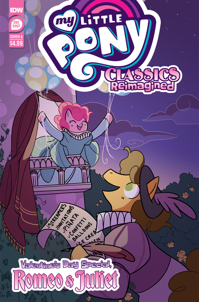 Size: 2063x3131 | Tagged: safe, artist:jenna ayoub, derpibooru import, idw, official, cheese sandwich, pinkie pie, earth pony, pony, g4, cheesepie, comic cover, cover, cover art, female, high res, image, male, my little pony classics reimagined: romeo and juliet, my little pony logo, official comic, png, romeo and juliet, shipping, stallion, straight