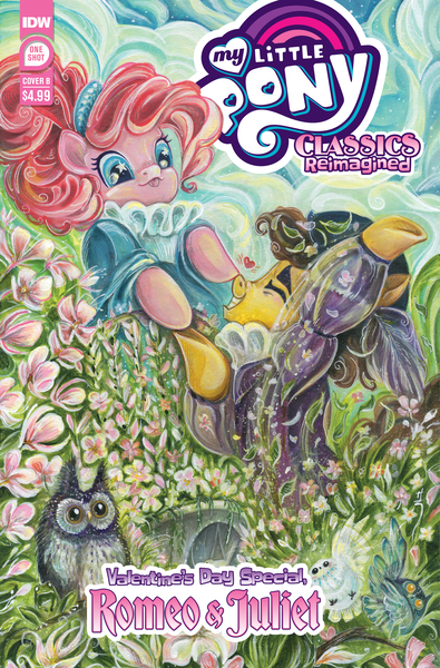 Size: 2063x3131 | Tagged: safe, artist:sara richard, derpibooru import, idw, official, cheese sandwich, pinkie pie, pony, g4, cheesepie, comic cover, cover, cover art, female, high res, image, male, my little pony classics reimagined: romeo and juliet, my little pony logo, official comic, png, romeo and juliet, shipping, straight, the implications are horrible, this will end in death