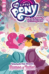 Size: 2063x3131 | Tagged: safe, artist:justasuta, derpibooru import, idw, official, cheese sandwich, pinkie pie, earth pony, pony, g4, cheesepie, comic cover, cover, cover art, female, high res, image, male, mare, my little pony classics reimagined: romeo and juliet, my little pony logo, official comic, png, romeo and juliet, shipping, stallion, straight