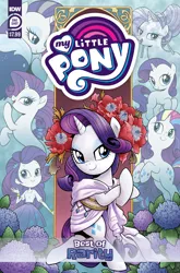 Size: 2063x3131 | Tagged: safe, artist:brendahickey, derpibooru import, idw, official, rarity, crystal pony, human, pony, seapony (g4), unicorn, series:best of my little pony, g4, beautiful, clothes, comic cover, cover, cover art, crystal rarity, crystallized, cutie mark magic, dorsal fin, eyeshadow, female, filly, filly rarity, fin, fish tail, floral head wreath, flower, flowing mane, flowing tail, foal, high res, horn, hydrangea, image, lidded eyes, makeup, mare, my little pony logo, official comic, older, older rarity, png, rainbow power, rainbow power-ified, seaponified, seapony rarity, species swap, swimming, tail, toga, younger