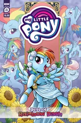 Size: 2063x3131 | Tagged: safe, artist:brendahickey, derpibooru import, idw, official, rainbow dash, crystal pony, human, pegasus, pony, seapony (g4), series:best of my little pony, equestria girls, g4, blank flank, clothes, comic cover, cover, cover art, crystallized, dashstorm, female, filly, filly rainbow dash, flower, foal, high res, image, mare, multeity, my little pony logo, official comic, older, older rainbow dash, png, rainbow dash always dresses in style, rainbow power, seaponified, seapony rainbow dash, solo, species swap, spread wings, sunflower, toga, wings, younger