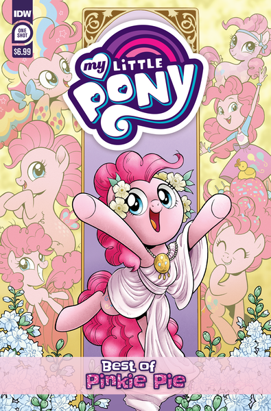 Size: 2063x3131 | Tagged: safe, artist:brendahickey, derpibooru import, idw, official, pinkie pie, crystal pony, earth pony, human, pony, seapony (g4), series:best of my little pony, equestria girls, g4, my little pony: the movie, bow, clothes, comic cover, cover, cover art, crystallized, cute, diapinkes, female, filly, filly pinkie pie, flower, foal, grin, hair bow, high res, image, mare, multeity, my little pony logo, official comic, older, older pinkie pie, open mouth, open smile, png, rainbow power, rainbow power-ified, seaponified, seapony pinkie pie, smiling, species swap, toga, too much pink energy is dangerous, younger