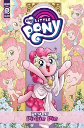 Size: 2063x3131 | Tagged: safe, artist:brendahickey, derpibooru import, idw, official, pinkie pie, crystal pony, earth pony, human, pony, seapony (g4), series:best of my little pony, equestria girls, g4, my little pony: the movie, bow, clothes, comic cover, cover, cover art, crystallized, cute, diapinkes, female, filly, filly pinkie pie, flower, foal, grin, hair bow, high res, image, mare, multeity, my little pony logo, official comic, older, older pinkie pie, open mouth, open smile, png, rainbow power, rainbow power-ified, seaponified, seapony pinkie pie, smiling, species swap, toga, too much pink energy is dangerous, younger