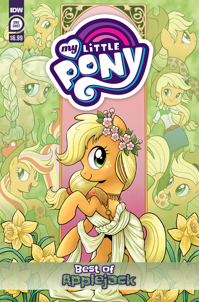 Size: 2063x3131 | Tagged: safe, artist:brendahickey, derpibooru import, idw, official, applejack, crystal pony, earth pony, human, pony, seapony (g4), series:best of my little pony, equestria girls, g4, my little pony: the movie, applejack's hat, blank flank, braid, clothes, comic cover, cover, cover art, cowboy hat, crystallized, daffodil, female, filly, filly applejack, flower, foal, freckles, hat, high res, image, mare, my little pony logo, official comic, older, older applejack, plum blossom, png, rainbow power, rainbow power-ified, seaponified, seapony applejack, species swap, toga, younger