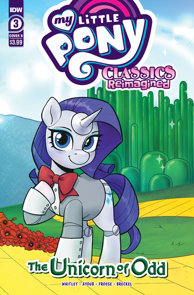 Size: 2063x3131 | Tagged: safe, artist:robin easter, derpibooru import, idw, official, rarity, pony, unicorn, g4, spoiler:comic, bowtie, clothes, comic cover, cover, cover art, emerald city, eyeshadow, female, flower, high res, hoof on chest, horn, image, looking at you, makeup, mare, munchkin country, my little pony classics reimagined: the unicorn of odd, my little pony logo, nick chopper, official comic, oz, png, poppy, raised hoof, smiling, smiling at you, solo, suit, the land of oz, the unicorn of odd, the wizard of oz, tin man, tin woodsman, yellow brick road