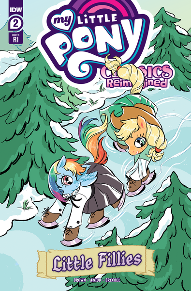 Size: 2063x3131 | Tagged: safe, artist:rose bousamra, derpibooru import, idw, official, applejack, rainbow dash, earth pony, pegasus, pony, g4, spoiler:comic, applejack's hat, clothes, comic cover, cover, cover art, cowboy hat, dress, hat, high res, ice, ice skates, ice skating, image, little fillies, little women, my little pony classics reimagined: little fillies, my little pony logo, official comic, png, skates, skirt, snow, tree, winter