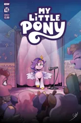 Size: 2063x3131 | Tagged: safe, artist:gigi dutreix, derpibooru import, idw, official, pipp petals, pegasus, pony, g5, spoiler:comic, spoiler:g5comic, spoiler:g5comic16, :<, audience, cheering, coat markings, comic cover, cover, cover art, crowd, crown, diadem, excited, eyebrows, eyes closed, female, frown, headband, high res, image, jewelry, mare, microphone, my little pony logo, official comic, open mouth, open smile, partially open wings, png, regalia, signature, smiling, socks (coat marking), spotlight, unshorn fetlocks, wings