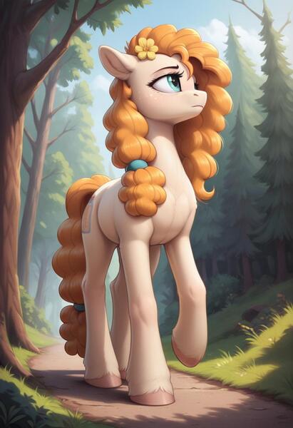 Size: 832x1216 | Tagged: safe, ai content, derpibooru import, machine learning generated, prompter:starshine, pear butter, g4, forest, image, jpeg, looking up, nature, tree, walking