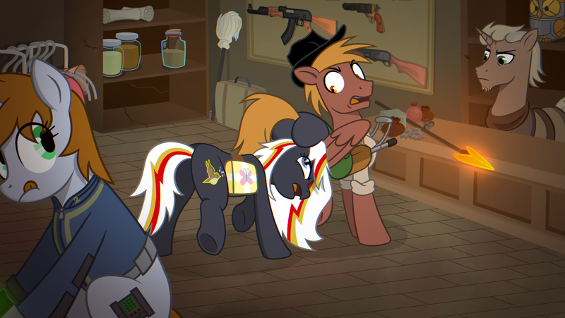 Size: 1914x1080 | Tagged: safe, artist:uspen, derpibooru import, oc, oc:calamity, oc:littlepip, oc:velvet remedy, bird, owl, pegasus, pony, unicorn, fallout equestria, ak-47, ass, assault rifle, bag, butt, cans, closet, clothes hanger, desk, gun, handgun, hat, horn, house, houses, image, luggage, mop, paper, pipbuck, png, revolver, rifle, saddle, saddle bag, spear, spread wings, suitcase, surprised, tack, tongue out, weapon, wings