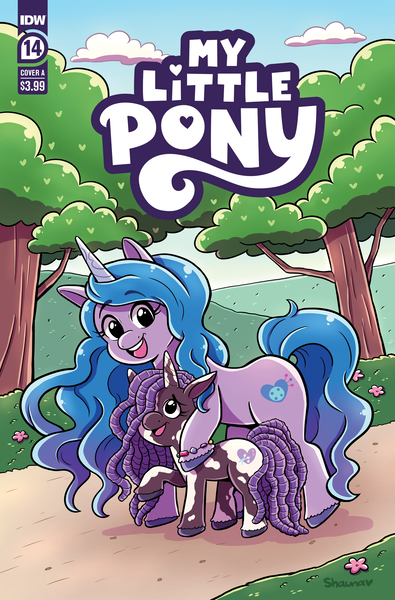 Size: 2063x3131 | Tagged: safe, artist:shauna j. grant, derpibooru import, idw, official, izzy moonbow, violette rainbow, pony, unicorn, g5, spoiler:comic, spoiler:g5, spoiler:g5comic, spoiler:g5comic14, bracelet, coat markings, comic cover, cover, cover art, cute, dreadlocks, duo, duo female, eyebrows, eyebrows visible through hair, female, filly, flower, foal, friendship bracelet, high res, horn, image, jewelry, mare, my little pony logo, official comic, open mouth, open smile, pinto, png, smiling, tree, unshorn fetlocks, vitiligo