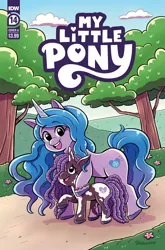 Size: 2063x3131 | Tagged: safe, artist:shauna j. grant, derpibooru import, idw, official, izzy moonbow, unnamed character, unnamed pony, violette rainbow, pony, unicorn, g5, spoiler:comic, spoiler:g5, spoiler:g5comic, spoiler:g5comic014, spoiler:g5comic14, bracelet, coat markings, comic cover, cover, cover art, cute, dreadlocks, duo, duo female, eyebrows, eyebrows visible through hair, female, filly, flower, foal, friendship bracelet, high res, horn, image, jewelry, mare, my little pony logo, official comic, open mouth, open smile, pinto, png, rainbow vitiligo pony, smiling, tree, unshorn fetlocks, vitiligo