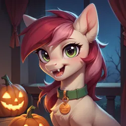 Size: 1024x1024 | Tagged: safe, ai content, derpibooru import, machine learning generated, prompter:doom9454, stable diffusion, roseluck, earth pony, pony, g4, bust, collar, cute, fangs, fluffy, generator:pony diffusion v6 xl, halloween, holiday, image, jack-o-lantern, jpeg, looking at you, night, pet collar, pet tag, pony pet, portrait, pumpkin, rosepet, solo