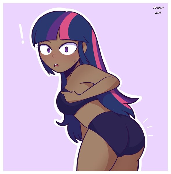 Size: 2014x2048 | Tagged: suggestive, alternate version, artist:eltrash_art6, derpibooru import, twilight sparkle, human, g4, ass, black underwear, blushing, bra, breasts, butt, clothes, cute, dark skin, exclamation point, female, flustered, humanized, image, jpeg, open mouth, panties, purple background, redraw, simple background, solo, solo female, sweat, sweatdrop, underwear