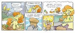 Size: 1601x715 | Tagged: safe, artist:lost marbles, derpibooru import, carrot top, derpy hooves, golden harvest, earth pony, pegasus, pony, g4, carrot, comic, dialogue, food, image, muffin, png, traditional art