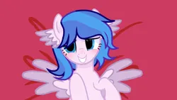 Size: 1280x720 | Tagged: safe, derpibooru import, oc, unofficial characters only, pegasus, pony, awkward, awkward smile, blushing, female, image, lying down, png, raised hoof, simple background, smiling, spread your wings, sultry pose