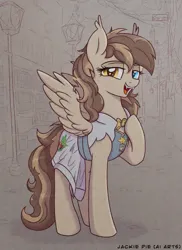 Size: 1024x1408 | Tagged: safe, ai content, derpibooru import, machine learning generated, stable diffusion, oc, oc:milky haven, unofficial characters only, bat pony, pony, city, clothes, dress, fangs, female, festral, generator:pony diffusion v6 xl, heterochromia, image, jpeg, mare, prompt in description, prompter:jackiepie, smiling, spread wings, wings