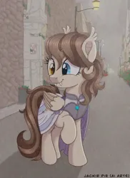 Size: 1024x1408 | Tagged: safe, ai content, derpibooru import, machine learning generated, stable diffusion, oc, oc:milky haven, unofficial characters only, bat pony, pony, city, clothes, dress, fangs, female, festral, folded wings, generator:pony diffusion v6 xl, heterochromia, image, jpeg, mare, prompt in description, prompter:jackiepie, smiling, wings