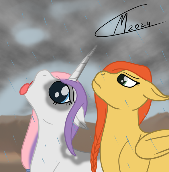 Size: 2237x2273 | Tagged: safe, artist:maître cervidé, derpibooru import, oc, oc:arcana glyph, oc:flame fever, pegasus, unicorn, cloud, duo, duo female, female, horn, image, meme, png, rain, signature, tongue out