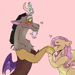 Size: 1280x1280 | Tagged: safe, artist:cocolove2176, derpibooru import, discord, fluttershy, blushing, discoshy, duo, duo male and female, female, hand kiss, heart, image, jpeg, male, pink background, purple wings, shipping, simple background, straight, teary eyes, wings