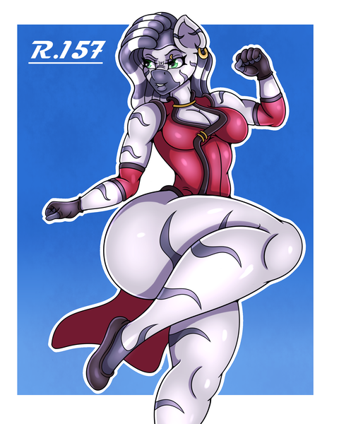 Size: 2000x2500 | Tagged: suggestive, artist:renegade-157, derpibooru import, oc, oc:astra, unofficial characters only, anthro, digitigrade anthro, zebra, breasts, cleavage, clothes, colored background, dreadlocks, dress, ear piercing, elbow pads, eyebrow piercing, eyebrows, eyelashes, female, female oc, fingerless gloves, gloves, green eyes, hips, image, one leg raised, piercing, png, pose, shoes, simple background, solo, thighs, thunder thighs, wide hips, zebra oc