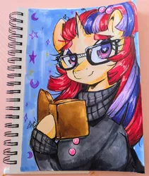 Size: 2141x2536 | Tagged: safe, artist:floralshitpost, derpibooru import, moondancer, pony, unicorn, g4, book, clothes, copic, eyebrows, glasses, heart, heart eyes, horn, image, jpeg, marker drawing, markers, sweater, traditional art, wingding eyes