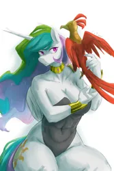 Size: 3000x4500 | Tagged: safe, artist:cirtierest, derpibooru import, philomena, princess celestia, alicorn, anthro, bird, g4, clothes, image, png