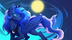 Size: 1920x1080 | Tagged: safe, artist:sakneko, derpibooru import, princess luna, alicorn, pony, g4, blue mane, blue tail, cloud, crown, cute, digital art, ear fluff, ethereal mane, ethereal tail, female, flowing mane, flowing tail, folded wings, happy, image, jewelry, jpeg, mare, moon, moonlight, night, night sky, peytral, regalia, signature, sky, sky background, smiling, solo, sparkles, stars, sternocleidomastoid, tail, wings