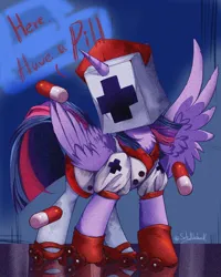 Size: 1080x1350 | Tagged: safe, artist:sakneko, derpibooru import, twilight sparkle, twilight sparkle (alicorn), alicorn, pony, bag on head, clothes, cosplay, costume, dark deception, female, image, jpeg, mare, nurse outfit, pills, reaper nurse, shoes, signature, solo, spread wings, text, wings