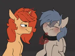 Size: 1776x1338 | Tagged: suggestive, artist:luxsimx, derpibooru import, oc, oc:flaming arrow, oc:phase noise, unofficial characters only, pegasus, pony, unicorn, collar, hand, horn, image, magic, magic hands, png