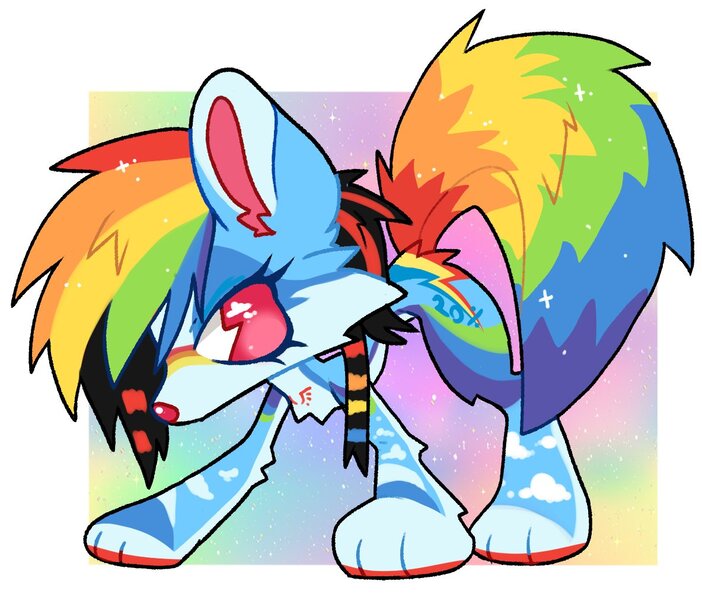 Size: 1184x1012 | Tagged: safe, artist:mawssacre, derpibooru import, rainbow dash, dog, alternate design, coontails, dogified, image, jpeg, multicolored hair, rainbow dog, rainbow hair, rainbow tail, scene hair, scene kid, solo, species swap, tail, twitterina design