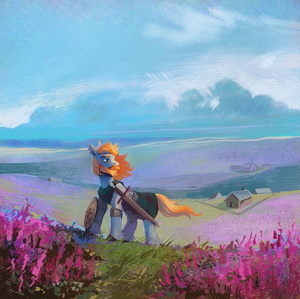 Size: 2048x2040 | Tagged: safe, artist:dearmary, derpibooru import, oc, oc:targe rose, unofficial characters only, earth pony, pony, color porn, farmland, field, houses, image, jpeg, male, not rockhoof, scenery, scenery porn, shield, solo, stallion, sword, weapon