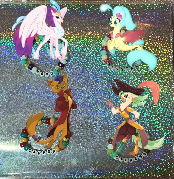 Size: 700x717 | Tagged: safe, artist:lnx1ynight16, derpibooru import, part of a set, capper dapperpaws, captain celaeno, princess skystar, queen novo, abyssinian, bird, cat, classical hippogriff, hippogriff, parrot, parrot pirates, seapony (g4), g4, my little pony: the movie, bracelet, clothes, image, jacket, jewelry, jpeg, kandi, looking at you, pirate, smiling, smiling at you, wings