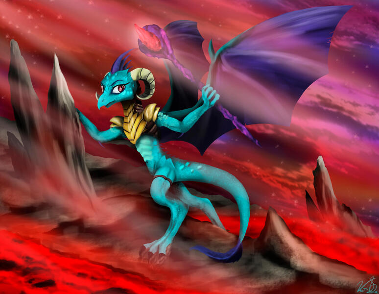 Size: 2280x1768 | Tagged: safe, artist:vinicius040598, derpibooru import, princess ember, dragon, g4, armor, bloodstone scepter, dragon lord ember, female, image, jpeg, lava, solo