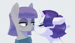 Size: 1623x941 | Tagged: safe, artist:kianamai, derpibooru import, maud pie, rarity, earth pony, pony, unicorn, kilalaverse ii, g4, alternate hairstyle, blushing, boop, cute, eyes closed, female, horn, image, jpeg, lesbian, mare, maudabetes, nose wrinkle, noseboop, nuzzling, raribetes, ship:rarimaud, shipping, short hair, simple background, smiling, when she smiles, white background