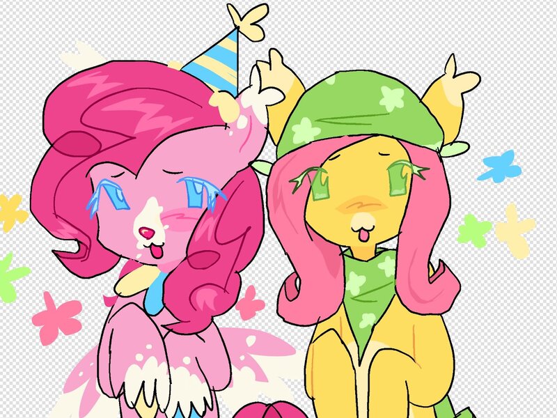 Size: 1361x1021 | Tagged: safe, artist:poniesinmyhead, derpibooru import, fluttershy, pinkie pie, earth pony, pegasus, pony, g4, alternate design, checkered background, duo, duo female, female, image, jpeg, mare, twitterina design