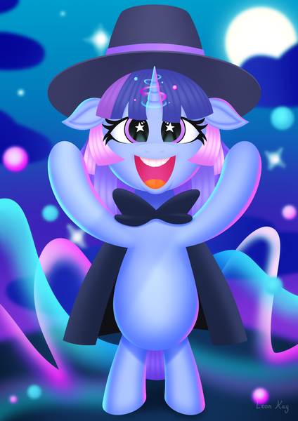 Size: 2480x3508 | Tagged: safe, artist:leonkay, derpibooru import, oc, oc:flawless sparklemoon, pony, unicorn, cape, clothes, female, filly, foal, fusion, fusion:trixie, fusion:twilight sparkle, fusion:twixie, hat, horn, image, my little pony the movie: the death of twilight sparkle, png, solo