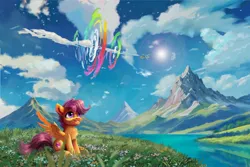 Size: 4096x2731 | Tagged: safe, artist:allegrenix, derpibooru import, rainbow dash, scootaloo, pegasus, pony, g4, duo, image, jpeg, mountain, scenery, sky, solo focus, sonic rainboom