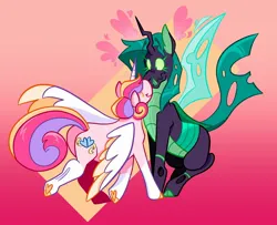 Size: 2048x1664 | Tagged: safe, artist:anxietymonstrr, derpibooru import, princess cadance, queen chrysalis, alicorn, changeling, changeling queen, pony, g4, cadalis, duo, duo female, female, gradient background, image, infidelity, jpeg, lesbian, mare, nuzzling, shipping