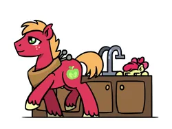 Size: 1800x1350 | Tagged: safe, artist:flutterluv, derpibooru import, apple bloom, big macintosh, earth pony, pony, g4, duo, duo male and female, female, hiding, image, jpeg, kitchen sink, male, peeking, ponified animal video, simple background, white background