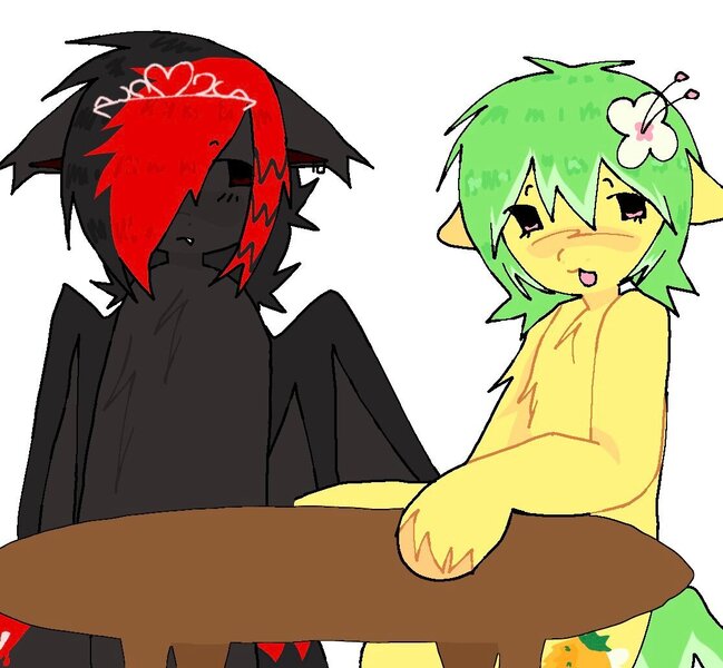 Size: 1116x1032 | Tagged: safe, artist:poniesinmyhead, derpibooru import, oc, unofficial characters only, bat pony, earth pony, pony, duo, earth pony oc, emo, flower, flower in hair, green mane, image, jpeg, open mouth, open smile, red and black oc, simple background, smiling, table, white background, yellow coat