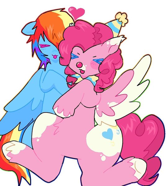 Size: 1126x1255 | Tagged: safe, artist:poniesinmyhead, derpibooru import, pinkie pie, rainbow dash, earth pony, pegasus, pony, g4, ><, alternate design, duo, duo female, eyes closed, female, image, jpeg, lesbian, mare, pinkiedash, shipping, simple background, twitterina design, white background