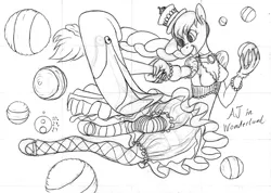 Size: 1200x852 | Tagged: safe, artist:sepiakeys, derpibooru import, applejack, anthro, bird, flamingo, unguligrade anthro, alice in wonderland, bloomers, clothes, croquet, dress, fishnet clothing, fishnets, image, monochrome, png, sketch, socks, solo, stockings, thigh highs