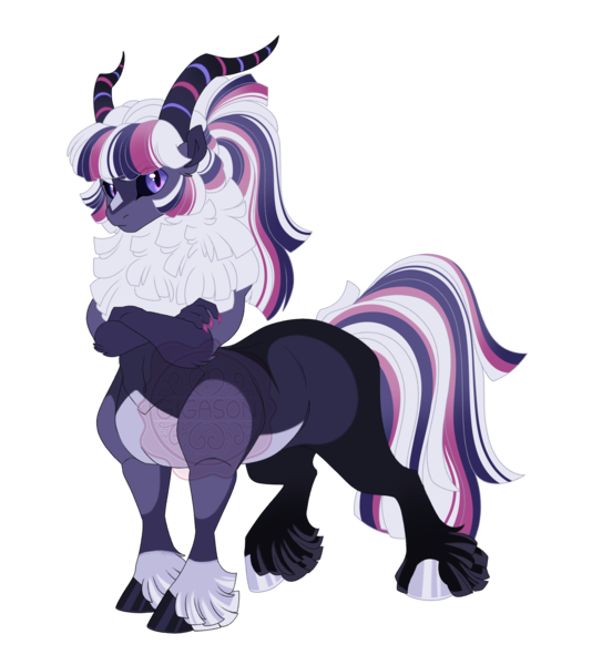 Size: 4947x5557 | Tagged: safe, artist:gigason, derpibooru import, oc, oc:kheiron, unofficial characters only, centaur, taur, g4, absurd resolution, adoptable, bangs, black sclera, chest fluff, claws, coat markings, colored, colored arms, colored belly, colored chest fluff, colored claws, colored fetlocks, colored hooves, colored horns, colored legs, colored pinnae, colored pupils, colored sclera, crossed arms, ear fluff, elbow fluff, eye clipping through hair, facial markings, flat colors, frown, gradient hair, gradient horns, gradient tail, hooves, horns, image, interspecies offspring, leg markings, long hair, long tail, looking back, mismatched hooves, multicolored hair, multicolored hooves, multicolored tail, nonbinary, nonbinary oc, obtrusive watermark, offspring, pale belly, parent:lord tirek, parent:twilight sparkle, parents:twirek, png, ponytail, purple eyes, purple fur, purple hooves, raised leg, red pupils, shiny hooves, sidebangs, simple background, snip (coat marking), socks (coat marking), solo, standing, standing on three hooves, straight hair, straight tail, striped horns, tail, three quarter view, tied hair, transparent background, unshorn fetlocks, wall of tags, watermark