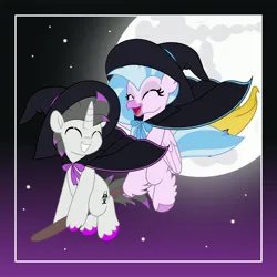 Size: 4096x4096 | Tagged: safe, artist:jhayarr23, derpibooru import, silverstream, oc, oc:haze rad, hippogriff, pony, unicorn, g4, absurd resolution, beak, broom, canon x oc, cape, clothes, commission, costume, duo, duo male and female, eyelashes, eyes closed, female, flying, flying broomstick, halloween, halloween costume, happy, hat, holiday, horn, image, jpeg, male, moon, open mouth, smiling, stallion, stars, unicorn oc, unshorn fetlocks, witch hat, ych result